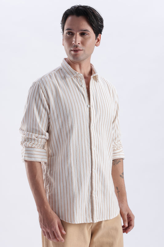 Uri Beige Striped Double Cloth Cotton Shirt