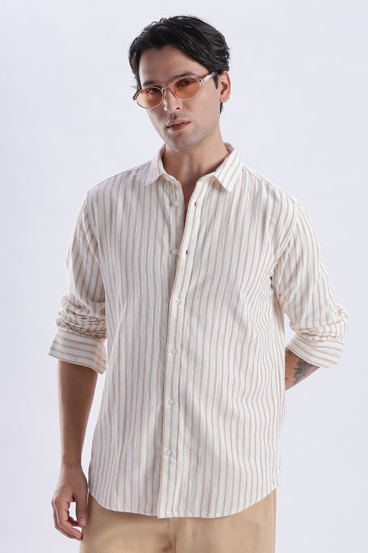 Uri Beige Striped Double Cloth Cotton Shirt