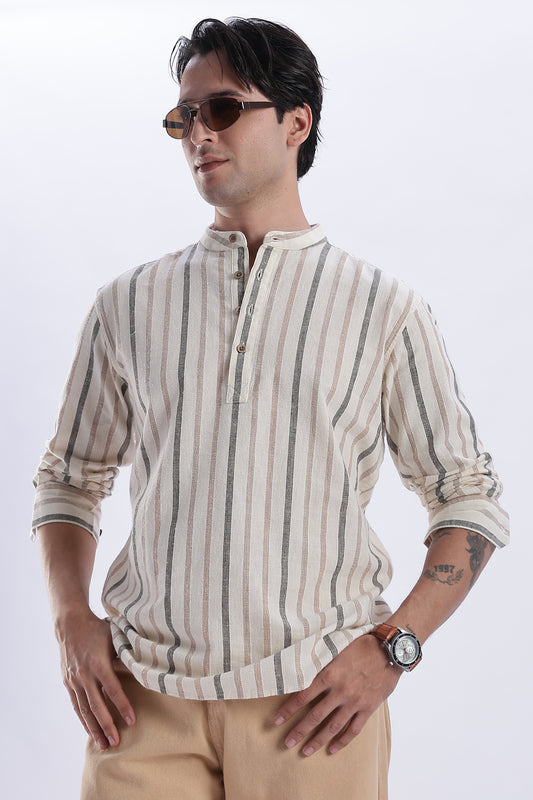 Uri Beige Striped Cotton Linen Short Kurta