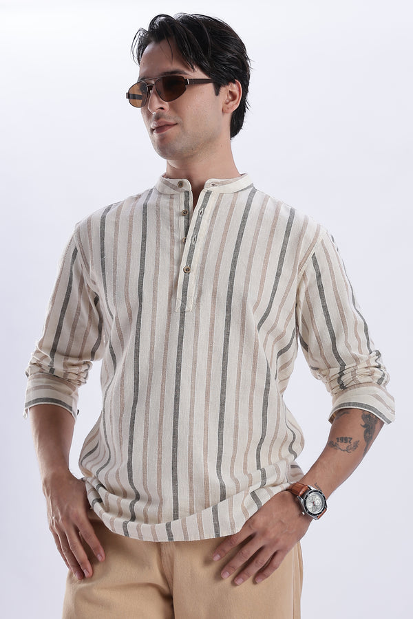 Uri Beige Striped Cotton Linen Short Kurta
