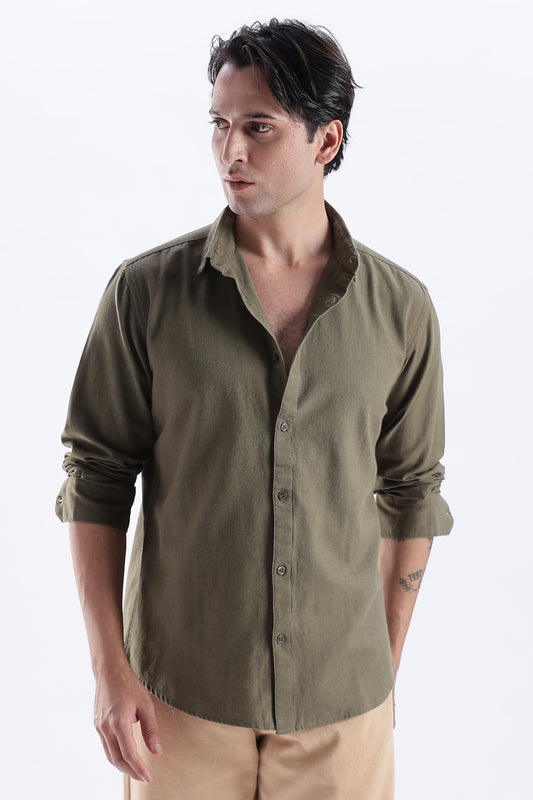 Uri Deep Olive Spread Collar Solid Shirt