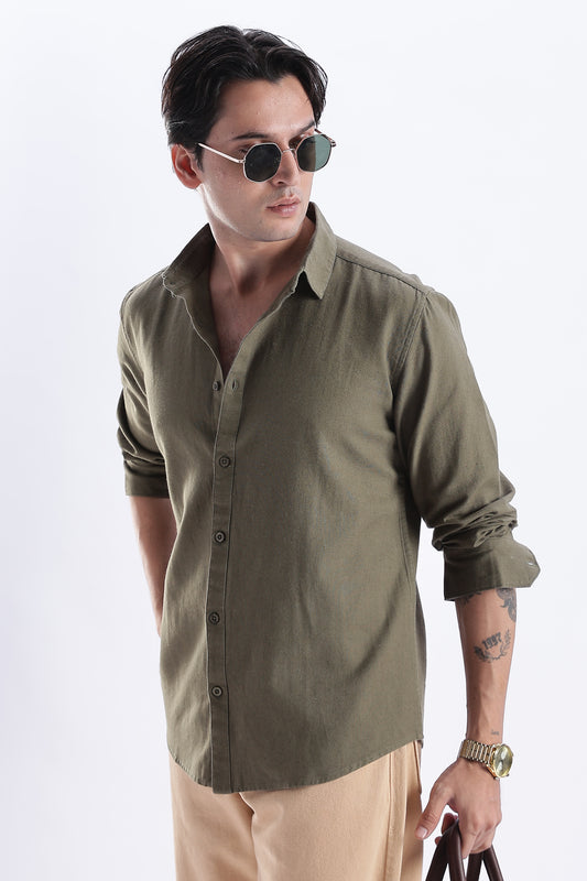 Uri Deep Olive Spread Collar Solid Shirt