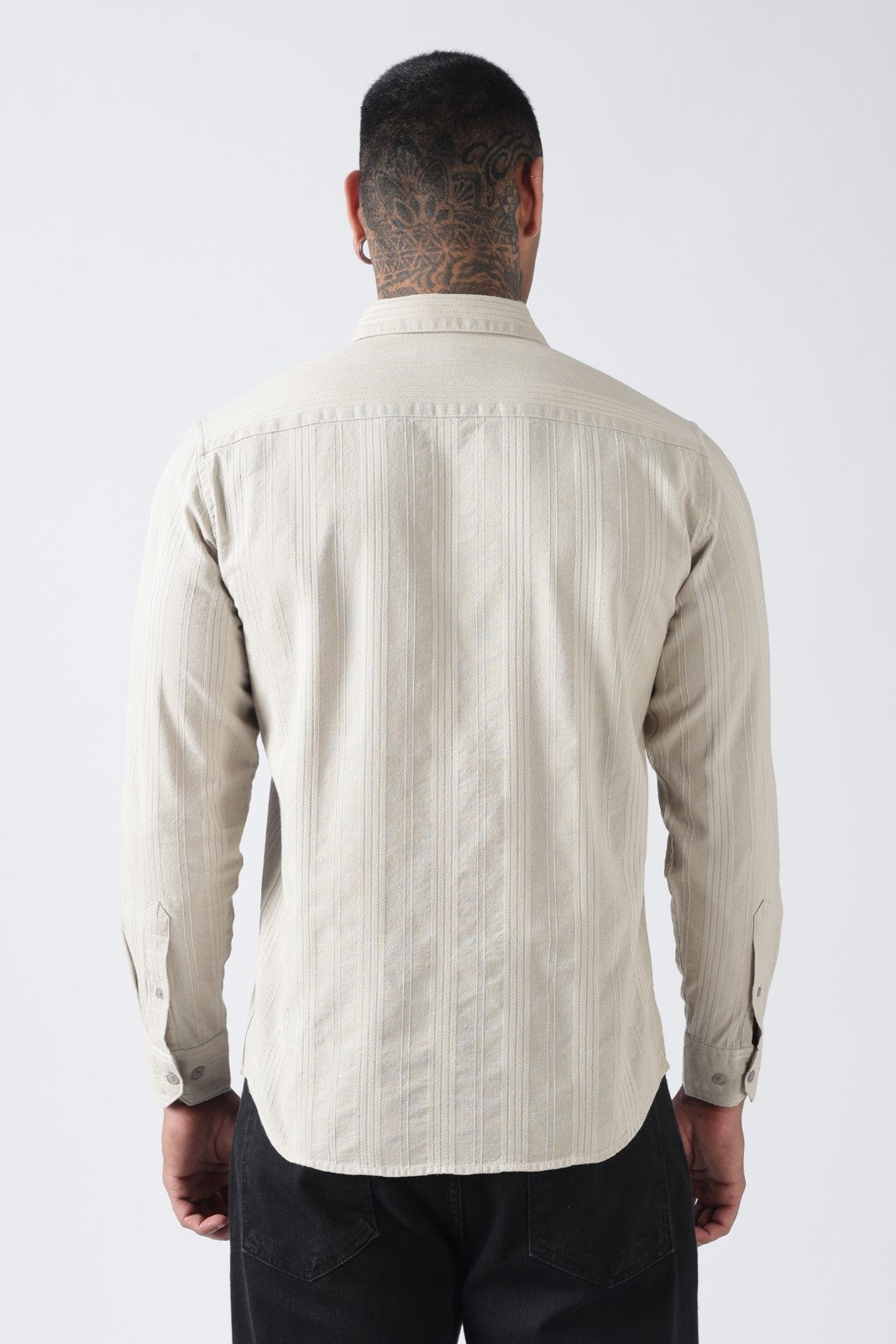 Sage Beige Textured Stripe Cotton Shirt
