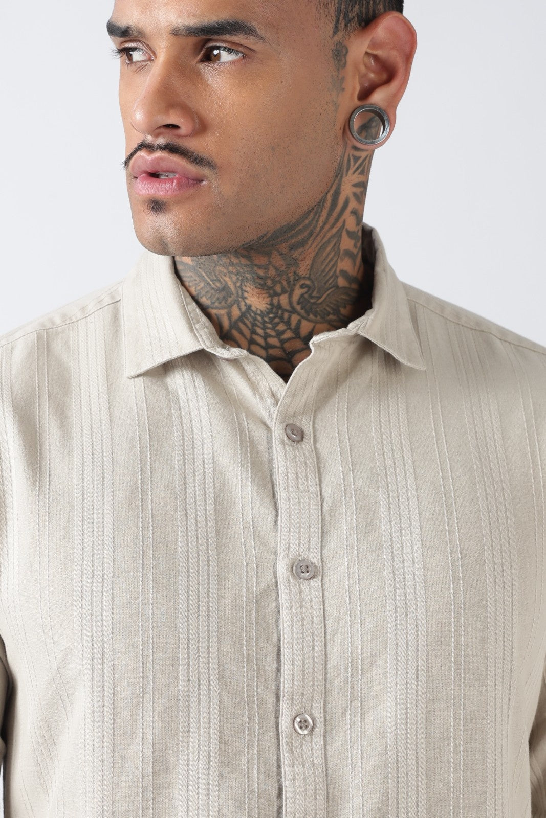 Sage Beige Textured Stripe Cotton Shirt