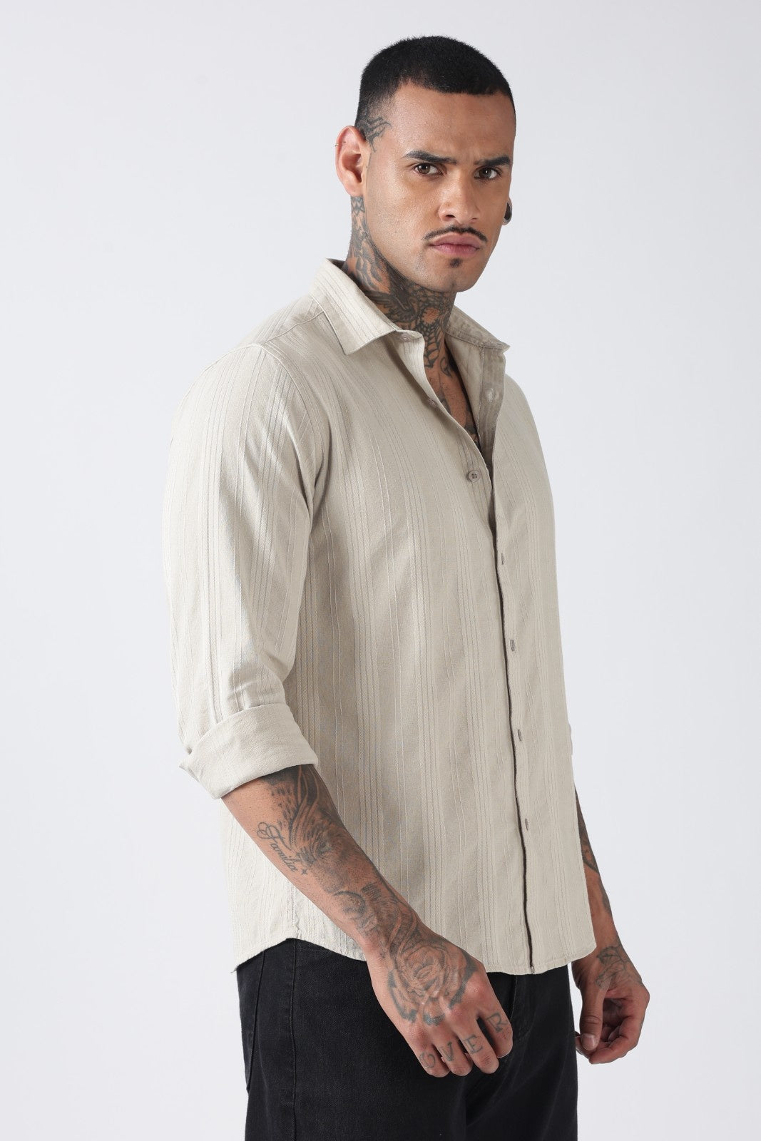 Sage Beige Textured Stripe Cotton Shirt
