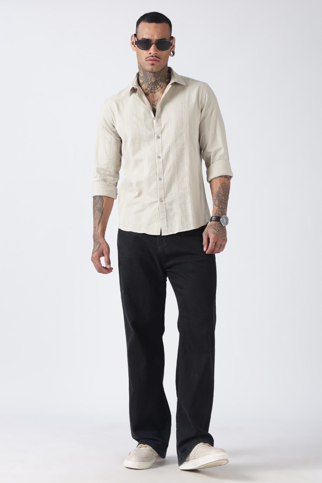 Sage Beige Textured Stripe Cotton Shirt