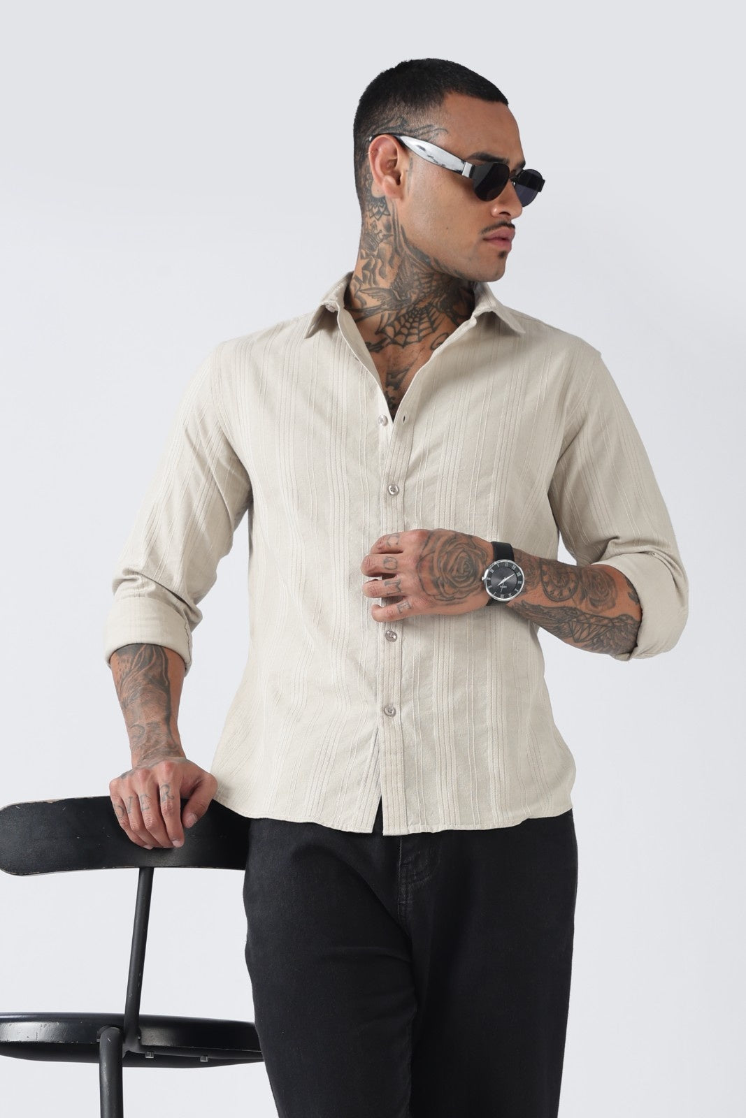 Sage Beige Textured Stripe Cotton Shirt