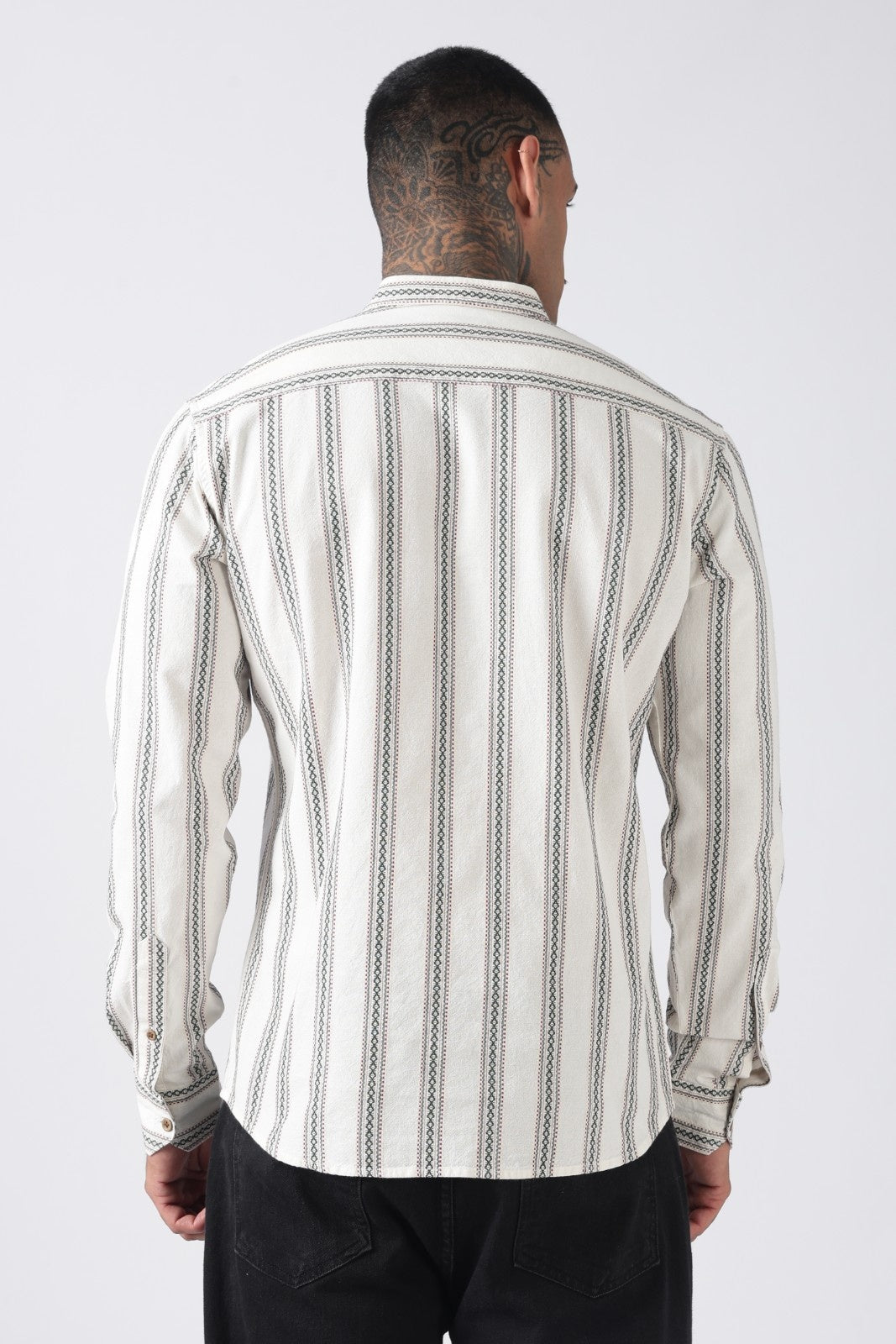 Off White Green Dobby Stripe Short Kurta