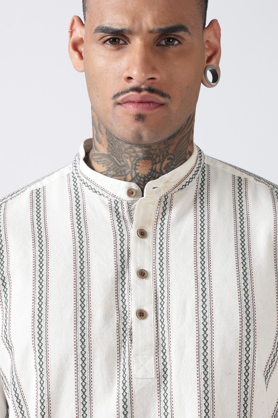 Off White Green Dobby Stripe Short Kurta