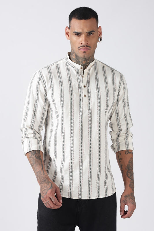 Off White Green Dobby Stripe Short Kurta