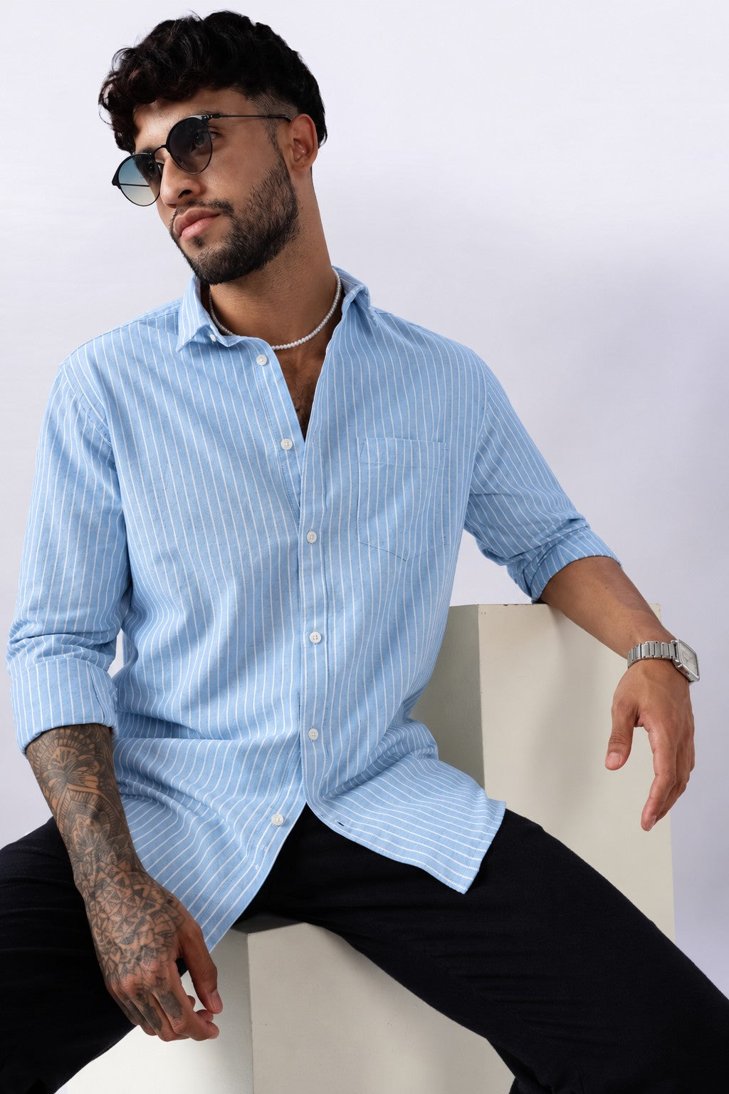 Baby Blue Oxford Stripe Casual Shirt