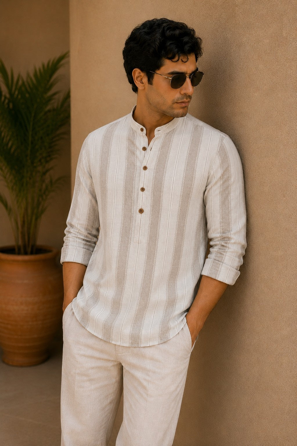 Natural Beige Cotton Slub Short Kurta