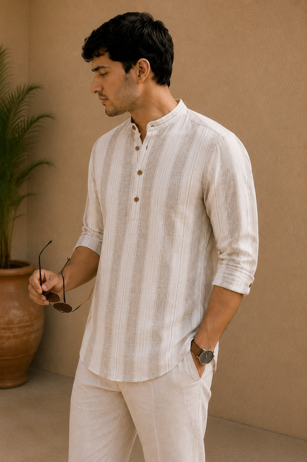 Natural Beige Cotton Slub Short Kurta