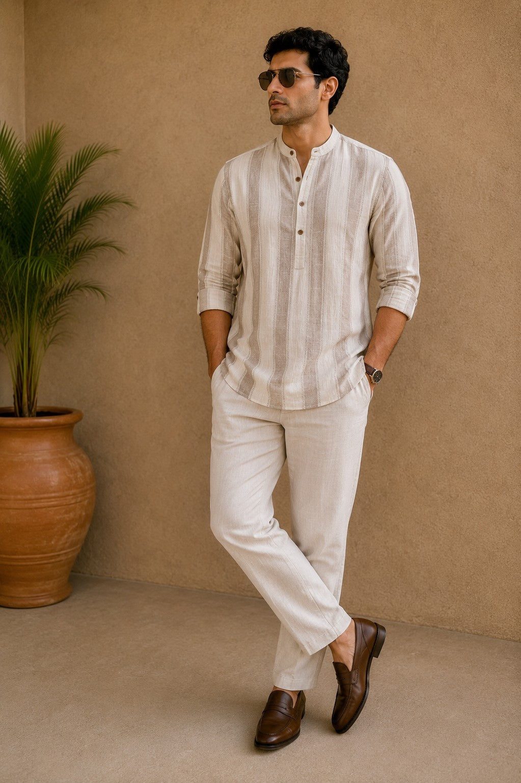 Natural Beige Cotton Slub Short Kurta