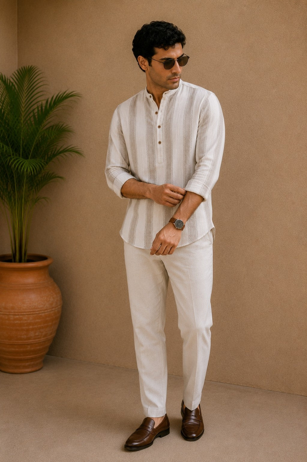 Natural Beige Cotton Slub Short Kurta
