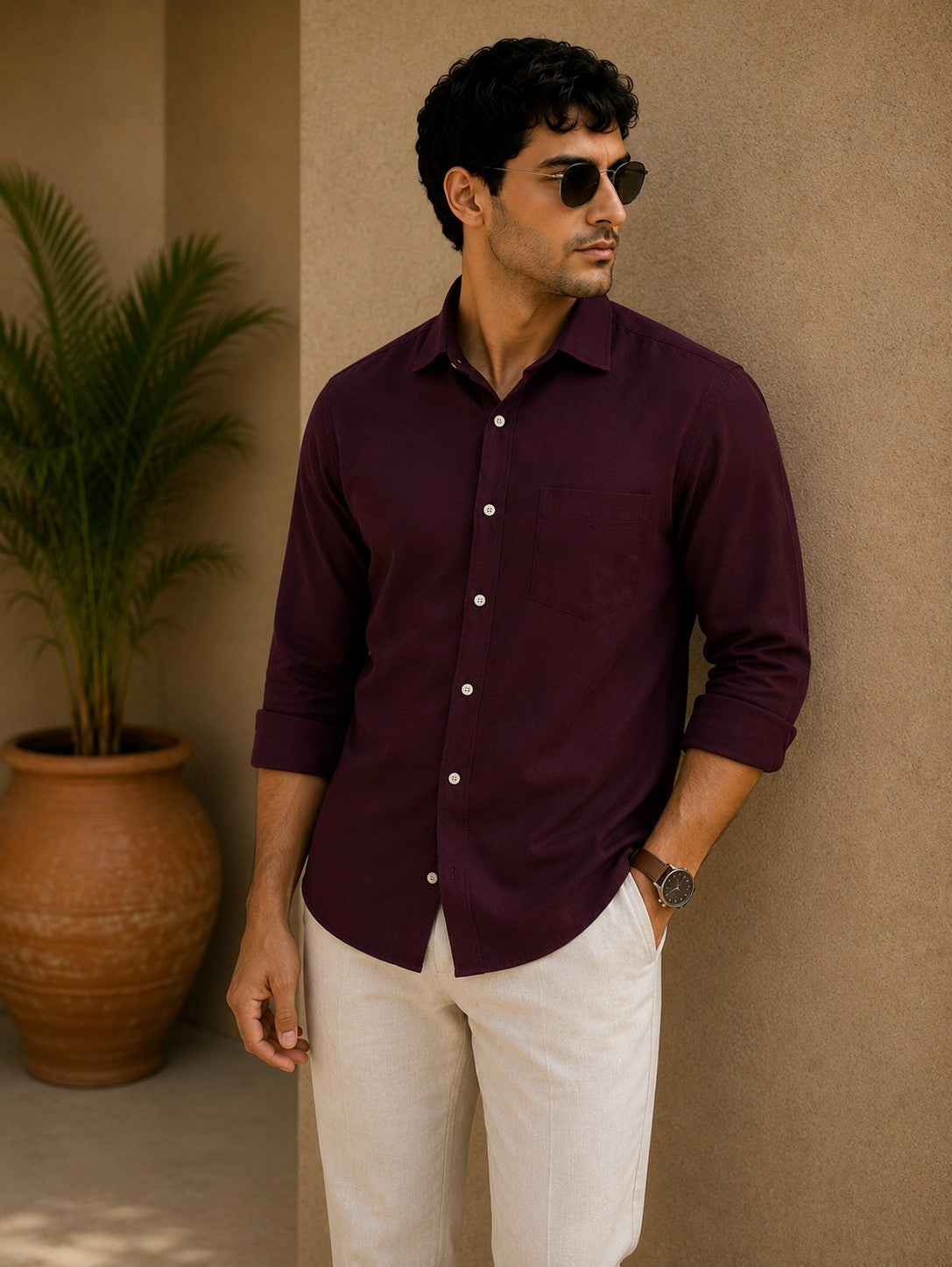Burgundy Solid Twill Shirt