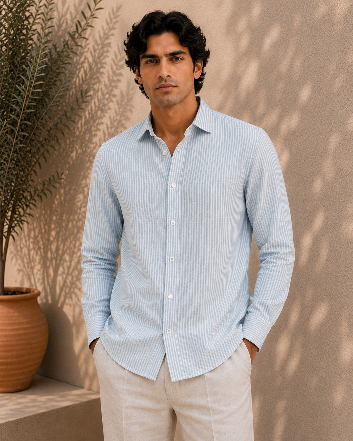 Ice Blue Pinstripe Cotton Shirt