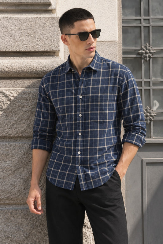 Blue Twill Check Casual Shirt
