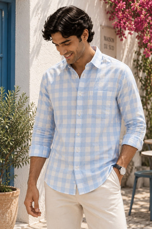 Blue Cotton Check Casual Shirt