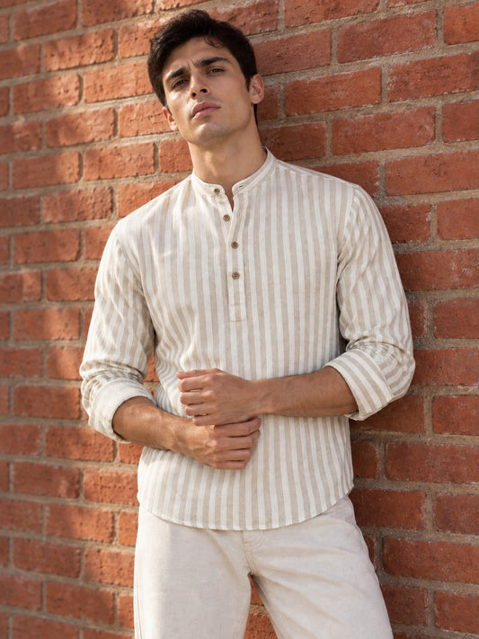 Beige Matte Stripe Short Kurta