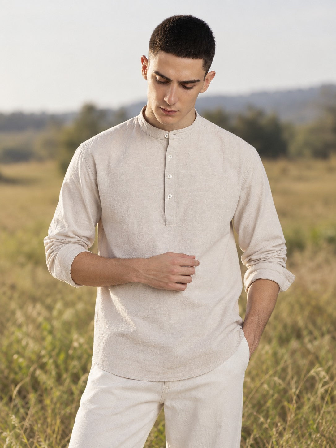 Natural Linen Blend Textured Short Kurta