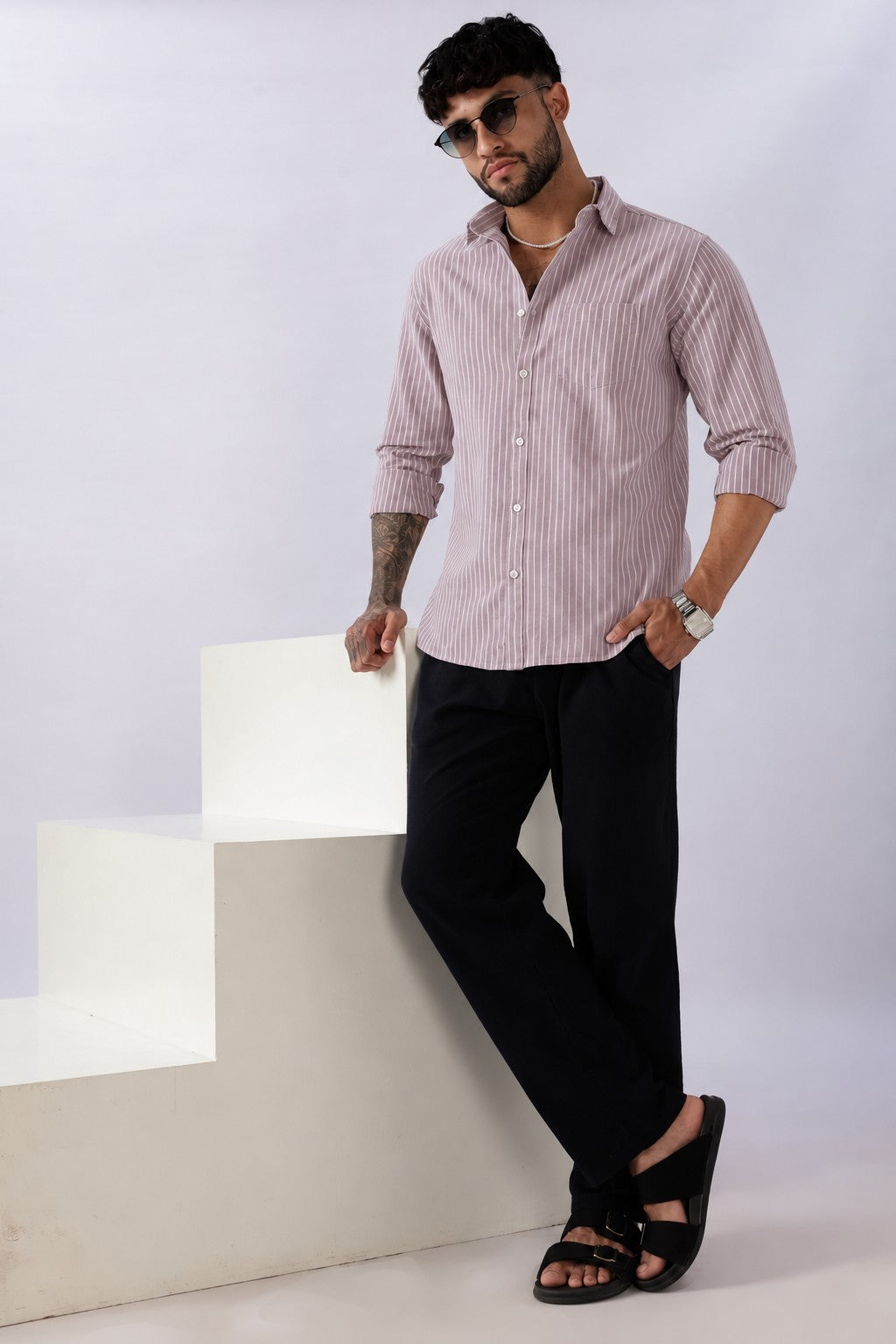 Rose Brown Oxford Stripe Casual Shirt