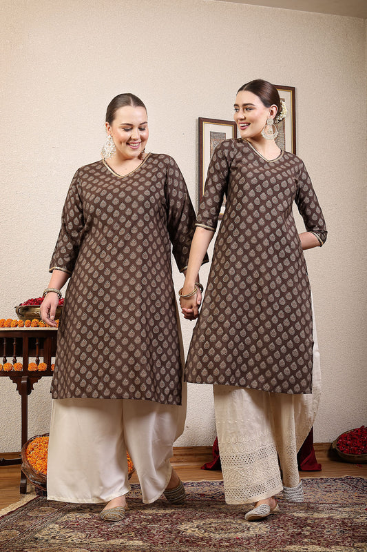 Women Brown Ethnic Motifs Printed Sequinned Kurta