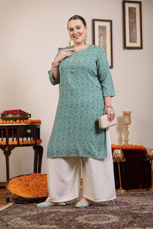 Women Plus Size Green Kurta With Lace
