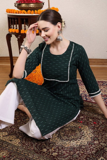 Women Dark Green Cotton Dobby Kurta
