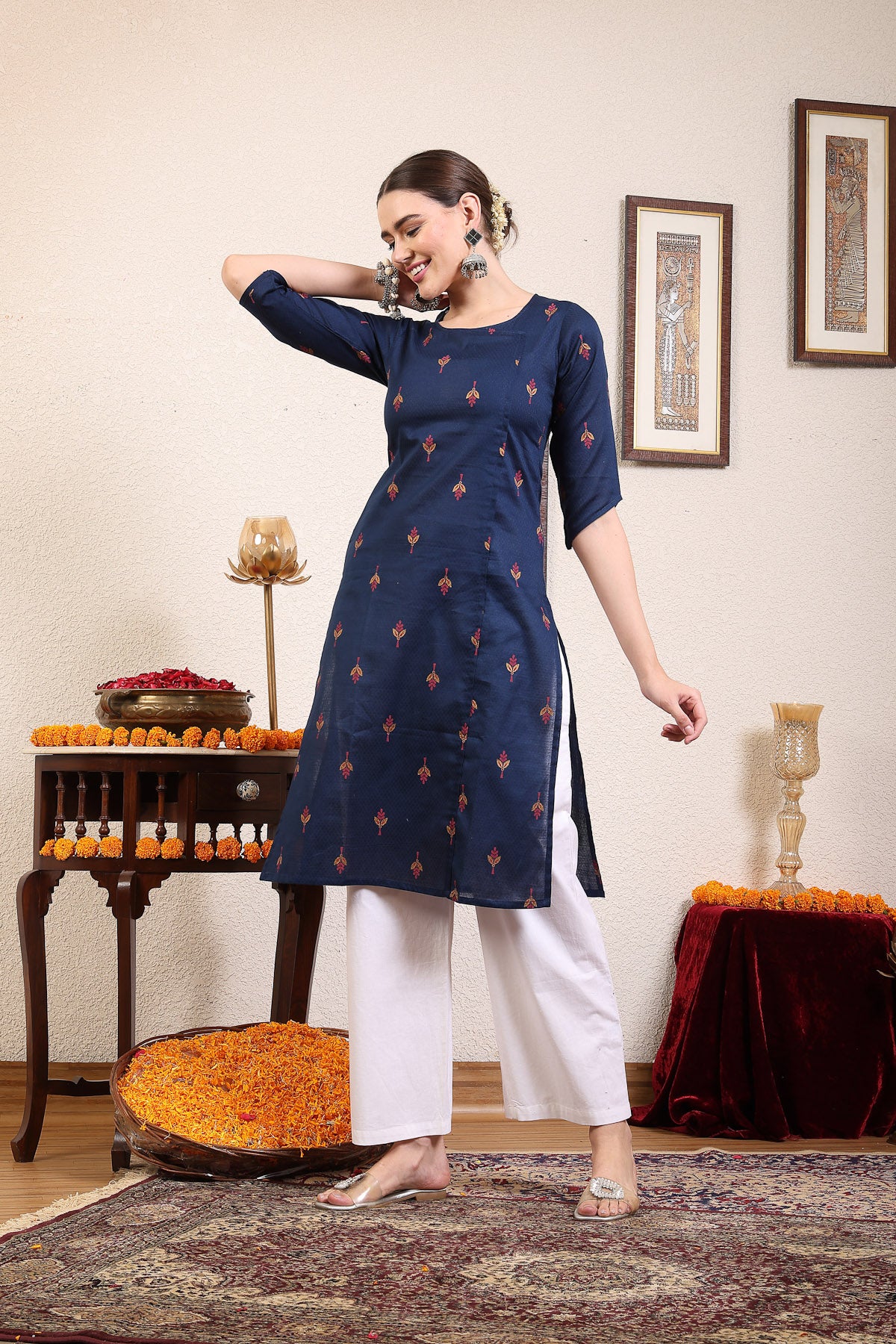 Women Navy Blue Ethnic Motifs Cotton Calf Length Kurta