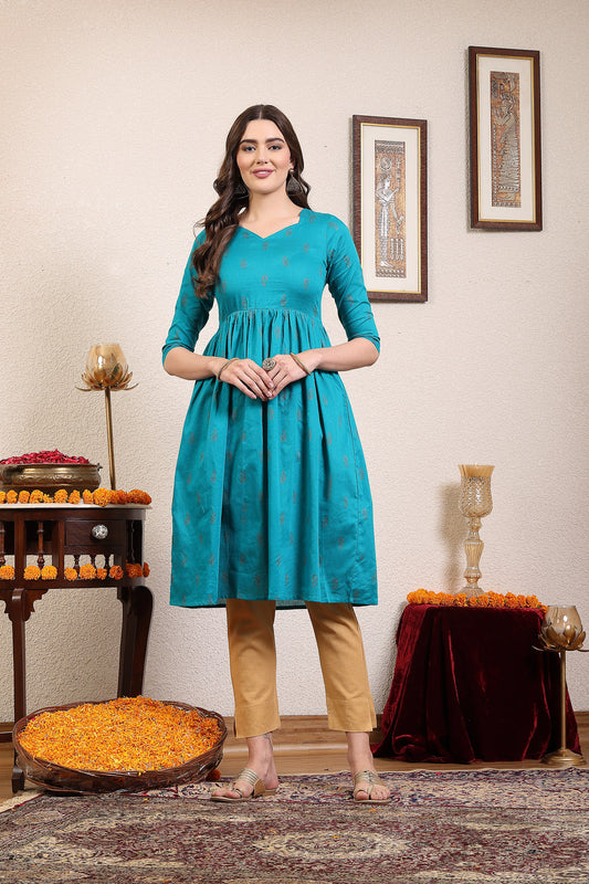 Women Teal Anarkali Kurta With Sweetheart Neck