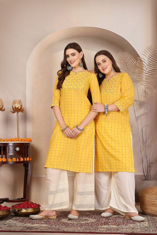 Women Mustard Kurta With Embroidered Yoke