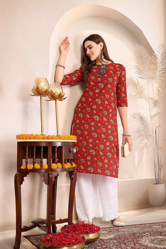 Women Red Floral Printed Tie-Up Neck Kurta
