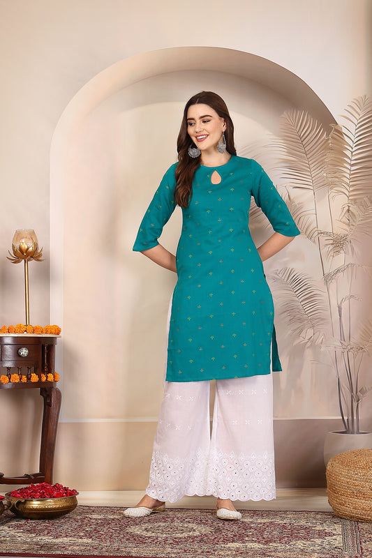 Women Teal Keyhole Neck Straight Kurta