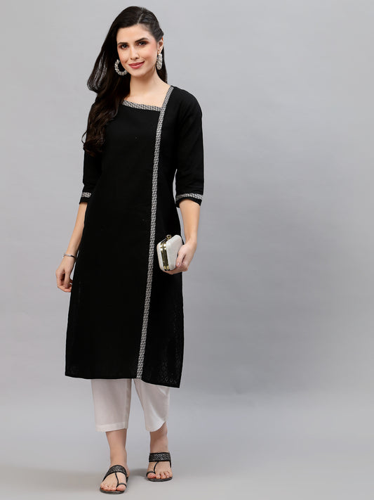 Women Black Self Dobby Calf Length Kurta - Kashyap Global Lifestyles LLP