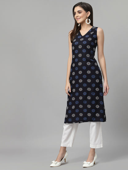 Women Navy Printed Sleeveless Kurta - Kashyap Global Lifestyles LLP