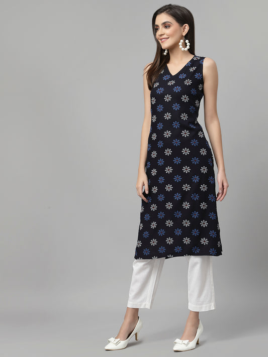 Women Navy Printed Sleeveless Kurta - Kashyap Global Lifestyles LLP