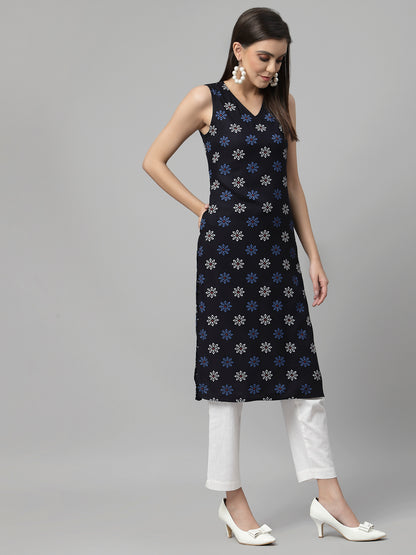 Women Navy Printed Sleeveless Kurta - Kashyap Global Lifestyles LLP