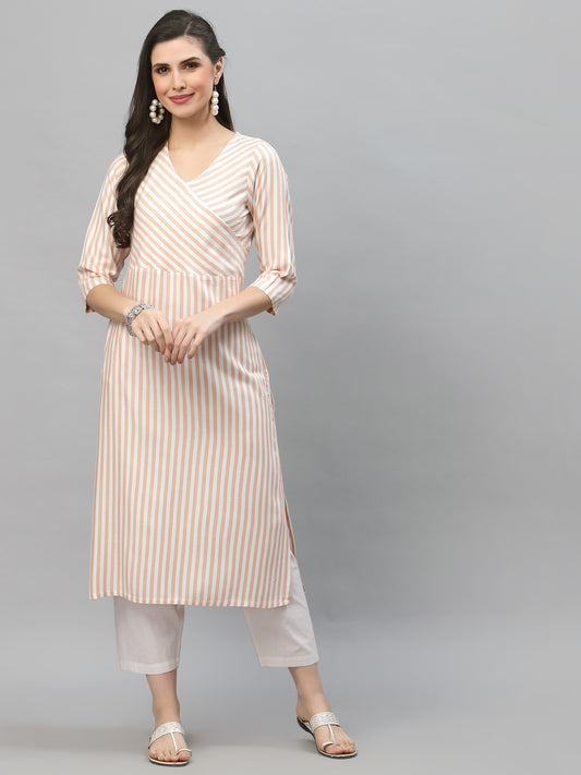 Women Peach & White Striped Angrakha Kurta - Kashyap Global Lifestyles LLP