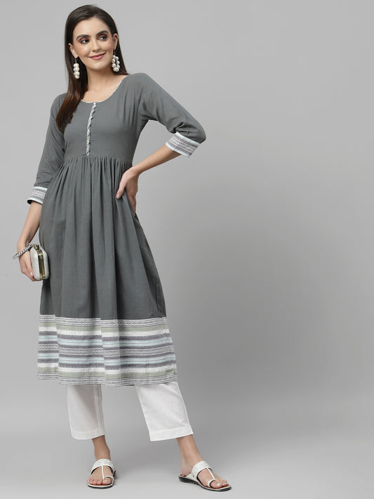 Women Olive South Cotton Anarkali Kurta - Kashyap Global Lifestyles LLP