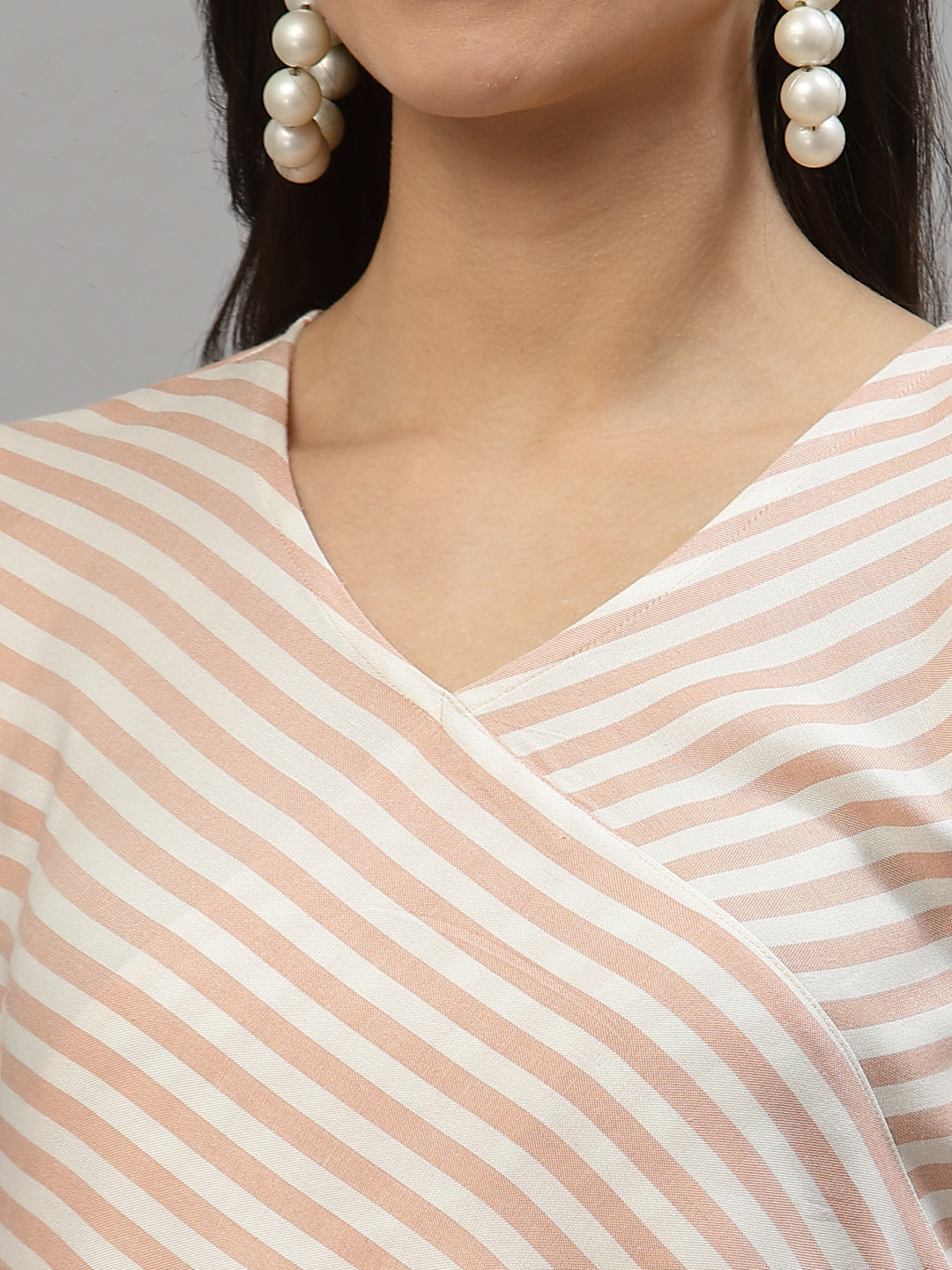 Women Peach & White Striped Angrakha Kurta - Kashyap Global Lifestyles LLP