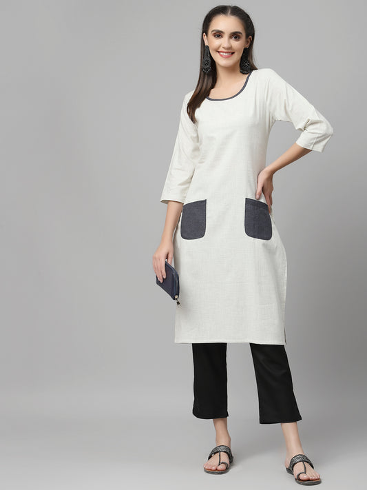 Women Light Grey Pure Cotton Kurta with Pocket - Kashyap Global Lifestyles LLP