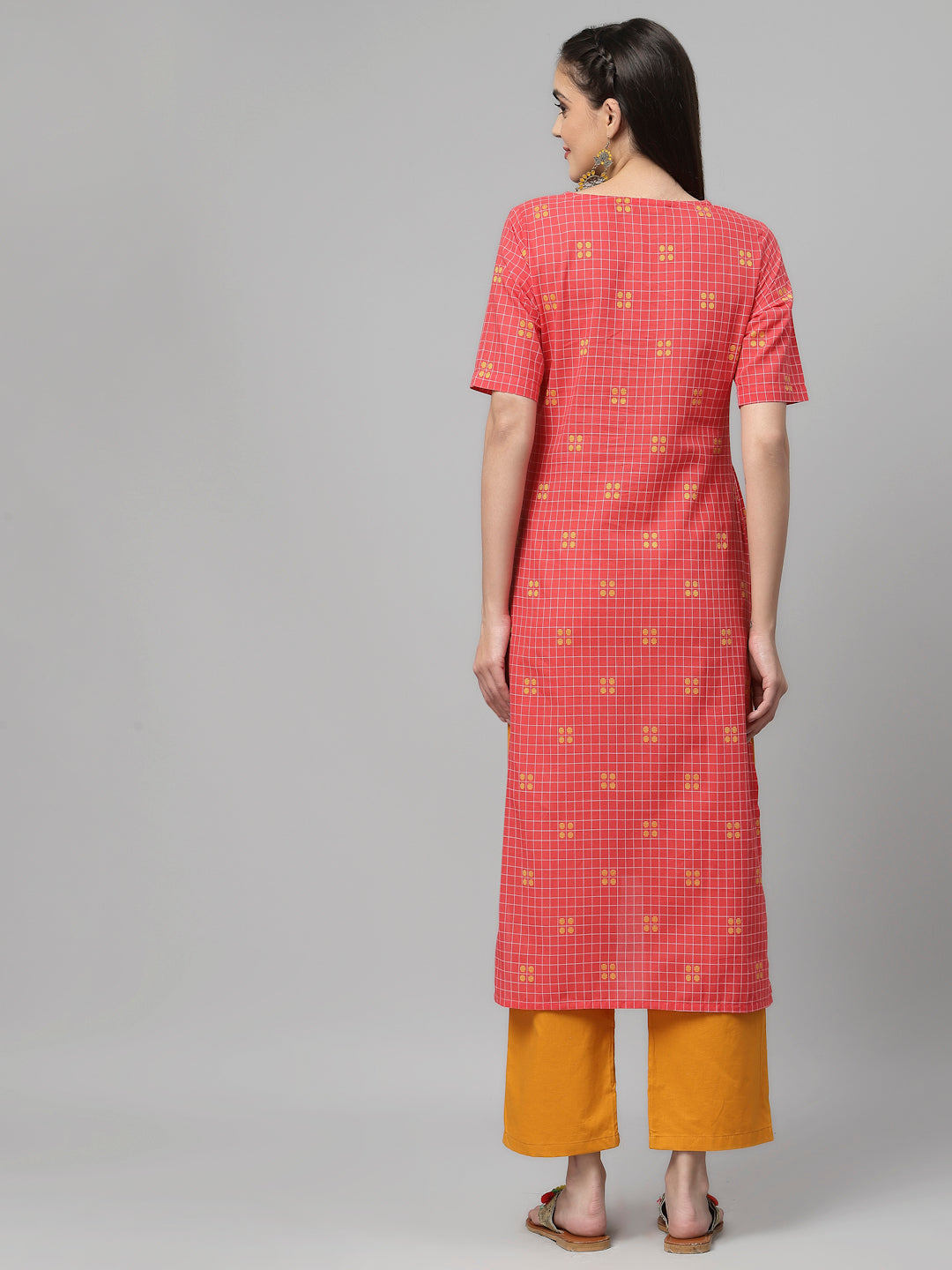 Women Rose Woven Design Checked High-Low Cotton Kurta - Kashyap Global Lifestyles LLP