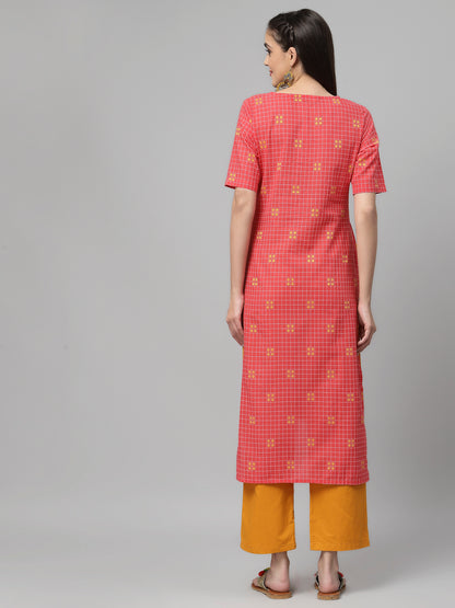 Women Rose Woven Design Checked High-Low Cotton Kurta - Kashyap Global Lifestyles LLP