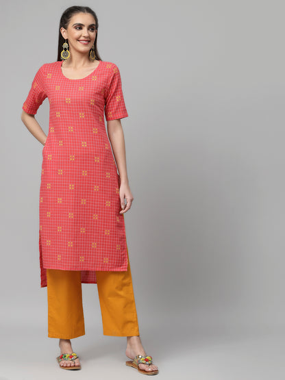 Women Rose Woven Design Checked High-Low Cotton Kurta - Kashyap Global Lifestyles LLP