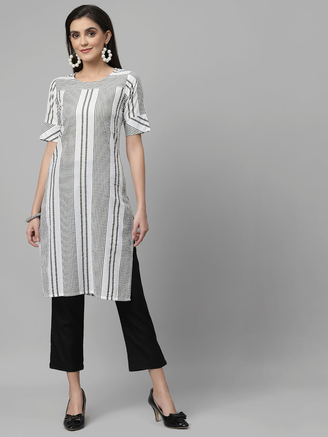 Women White & Olive Striped Cotton Knee Length Kurta - Kashyap Global Lifestyles LLP
