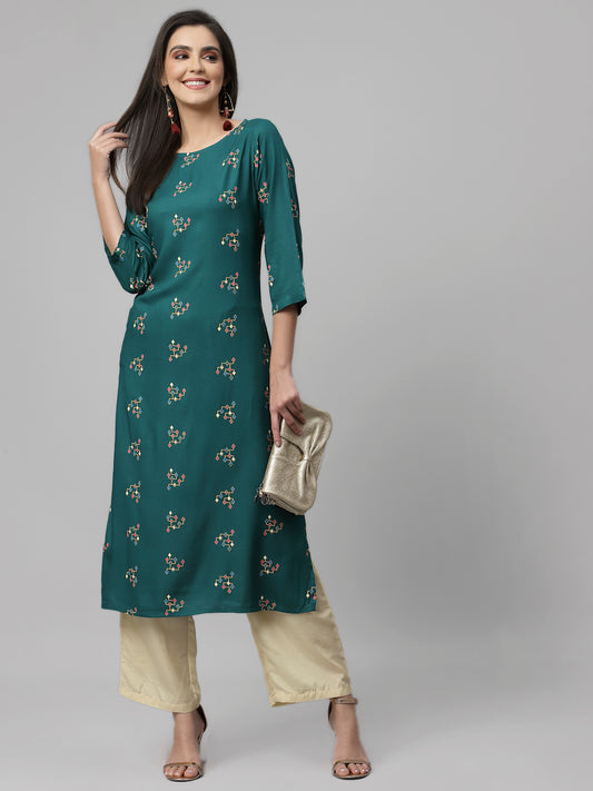 Women Dark Green Boat Neck Kurta - Kashyap Global Lifestyles LLP