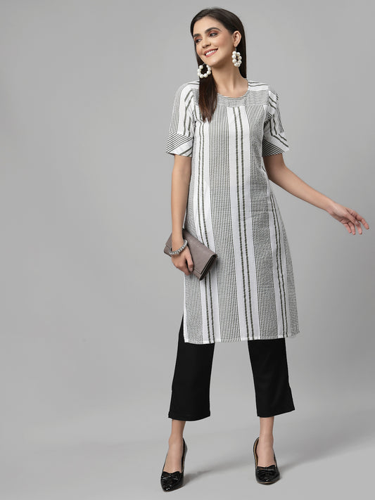 Women White & Olive Striped Cotton Knee Length Kurta - Kashyap Global Lifestyles LLP