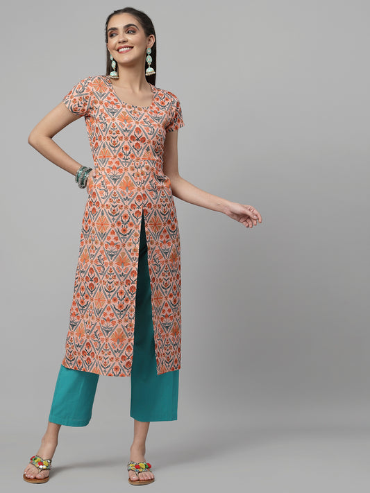 Women Peach Cotton Printed Front Slit Kurta - Kashyap Global Lifestyles LLP