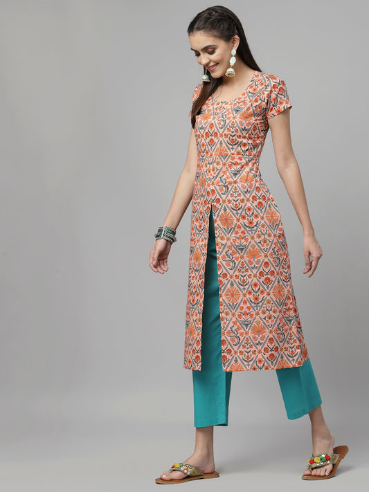 Women Peach Cotton Printed Front Slit Kurta - Kashyap Global Lifestyles LLP